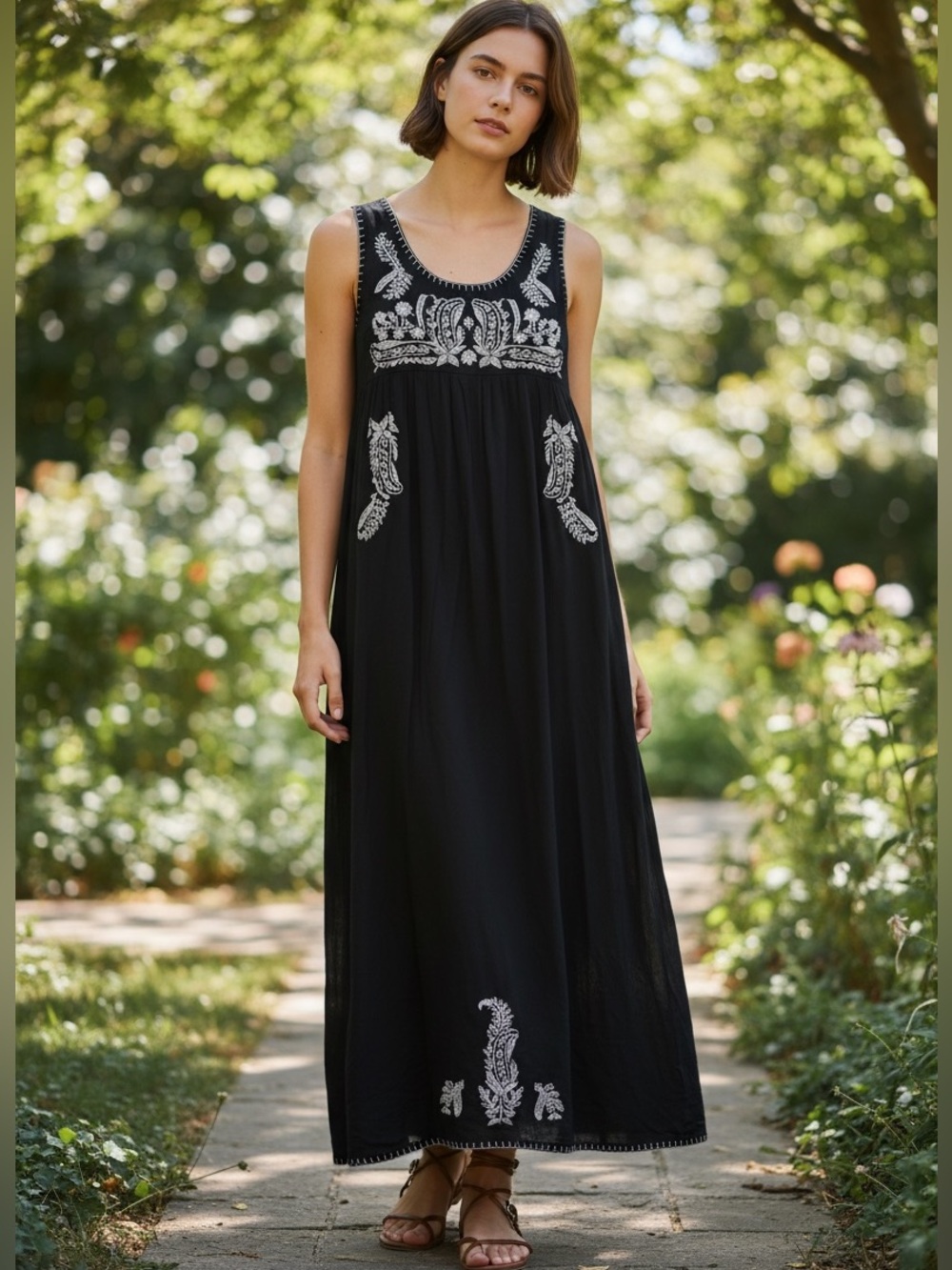 Chelsea & Theodore Boho Embroidered Maxi Dress - Black/White - Size S